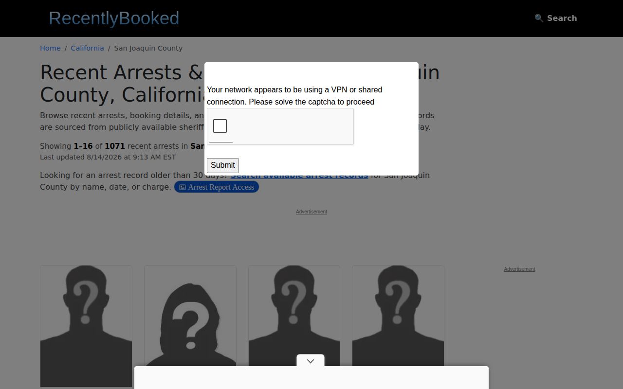 Unofficial Recently Booked San Joaquin County arrest records section