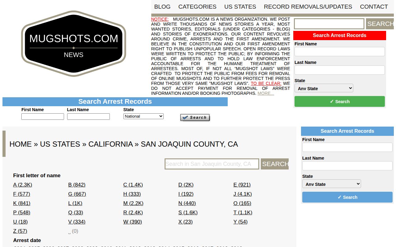 Unofficial historical Mugshots.com San Joaquin County archive