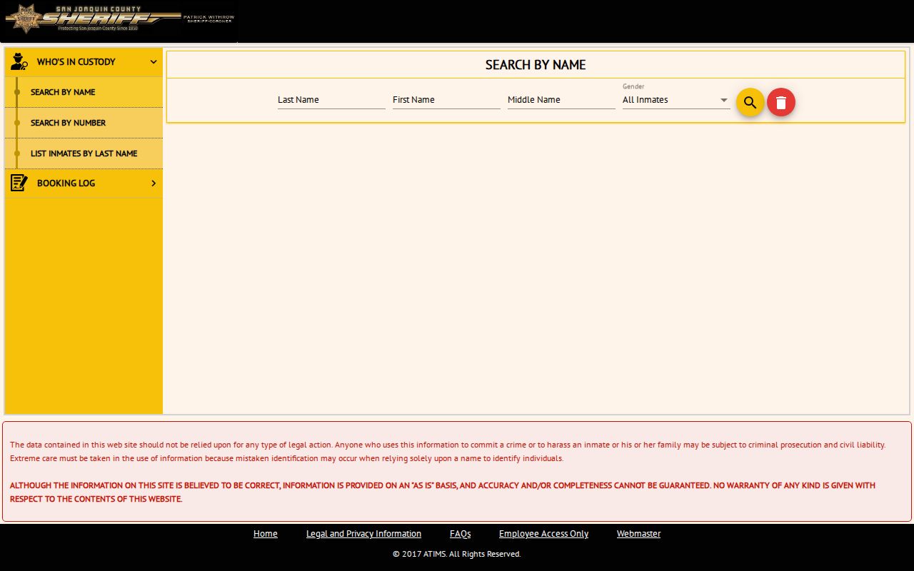 San Joaquin County jail roster and booking record search form