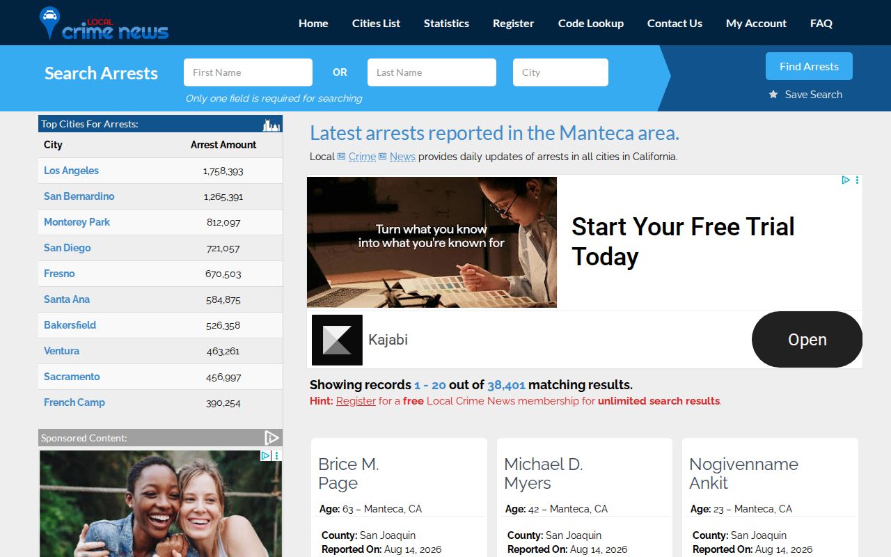 Unofficial Local Crime News Manteca arrest records stream for San Joaquin County