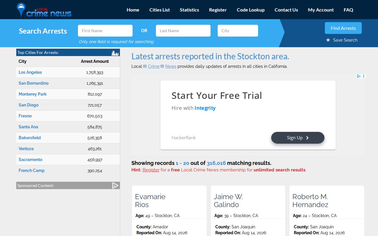 Unofficial Local Crime News Stockton arrest records section for San Joaquin County