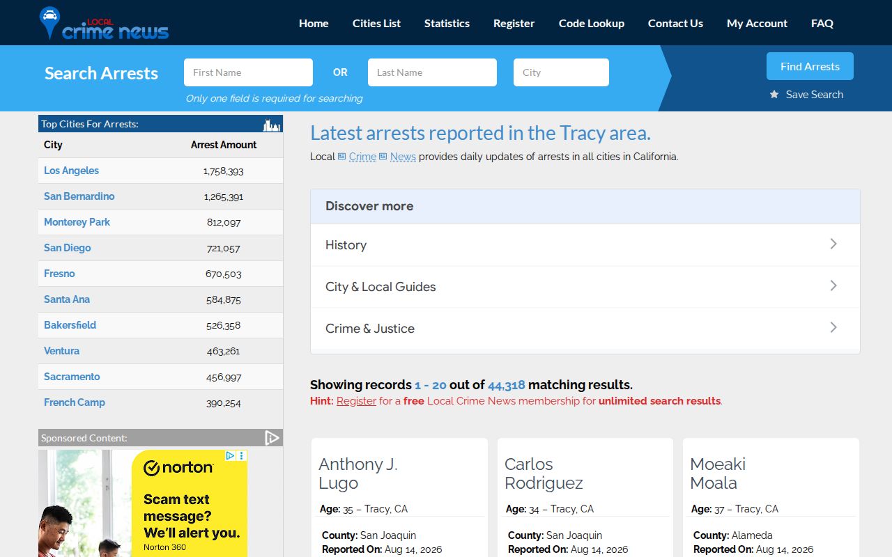 Unofficial Local Crime News Tracy arrest stream for San Joaquin County