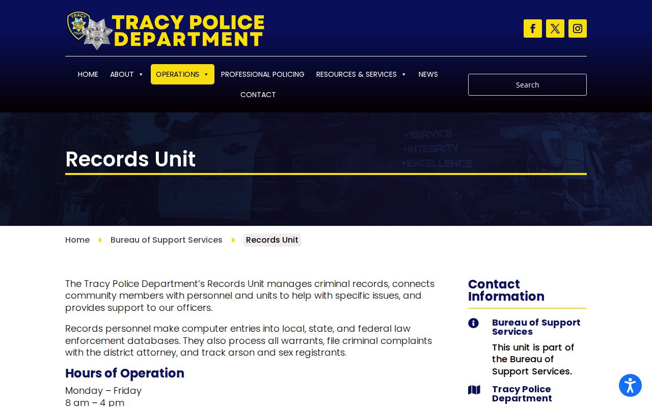 Official Tracy Police Records Unit page for Tracy arrest record requests